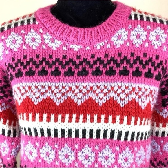 FAIR ISLE WOOL BLEND PINK ITALIAN CHUNKY SWEATER - Picture 2 of 4